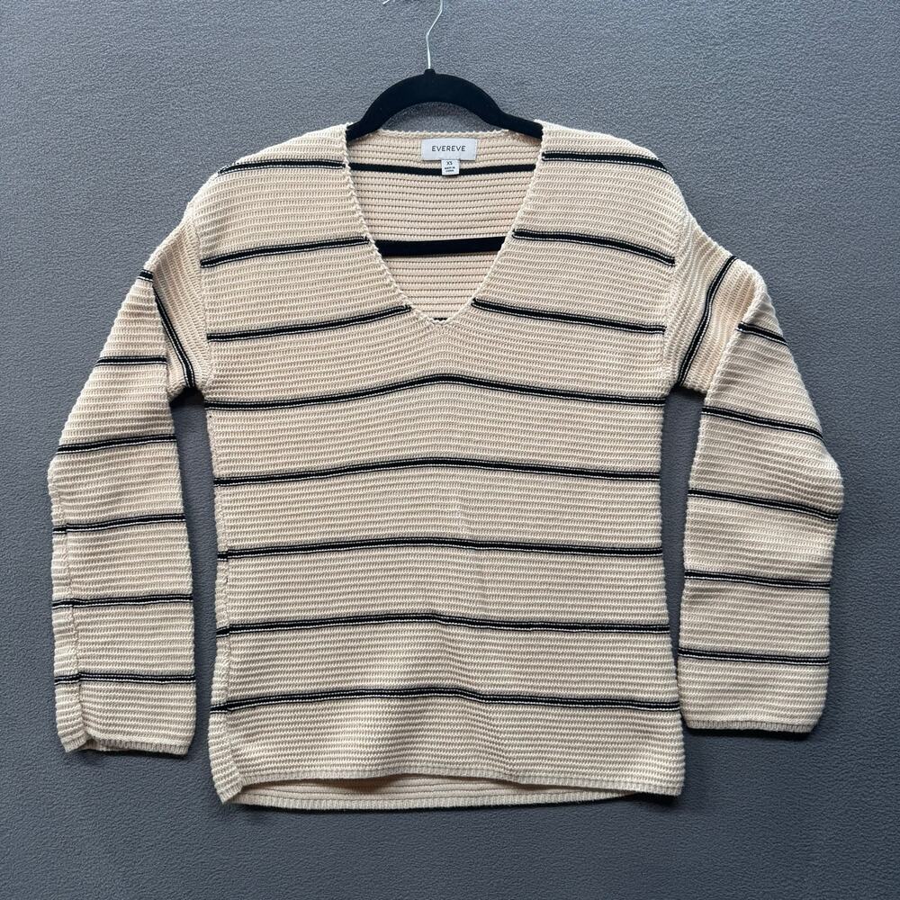 Evereve V Neck Pullover‎ Cotton Stripe Sweater Womens XS Cream Preppy Minimalist